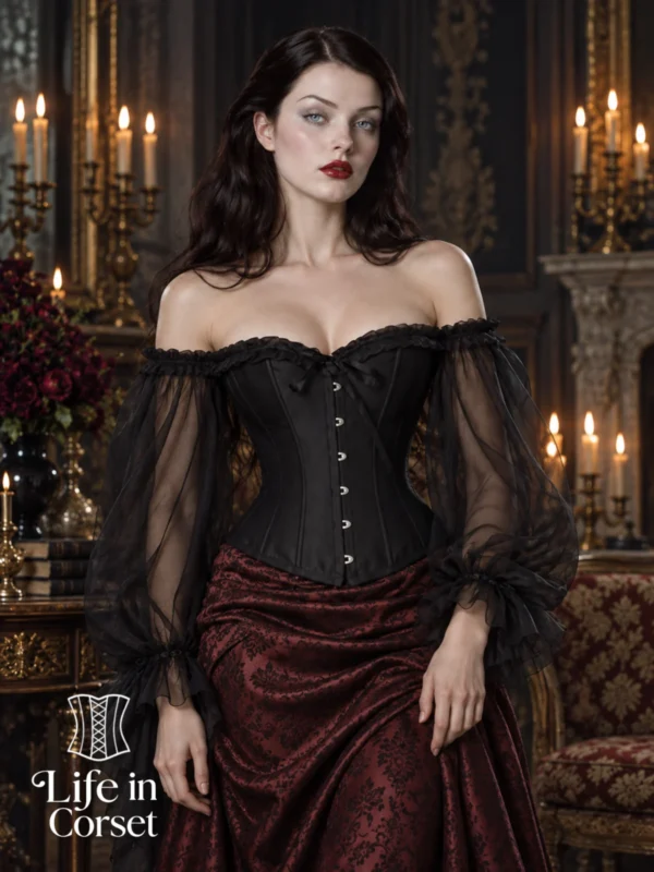 Corset noir baroque à manches longues Ismeria (vue de face) Corset noir baroque à manches longues Ismeria
