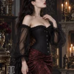 Corset noir baroque à manches longues Ismeria (vue de profil) Corset noir baroque à manches longues Ismeria