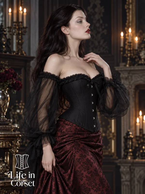 Corset noir baroque à manches longues Ismeria (vue de profil) Corset noir baroque à manches longues Ismeria