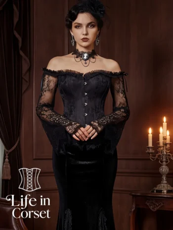 Corset noir gothique et manches en dentelle Nyssa