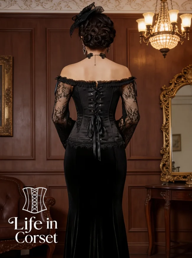 Corset noir gothique et manches en dentelle Nyssa (dos) Corset noir gothique et manches en dentelle Nyssa (dos)
