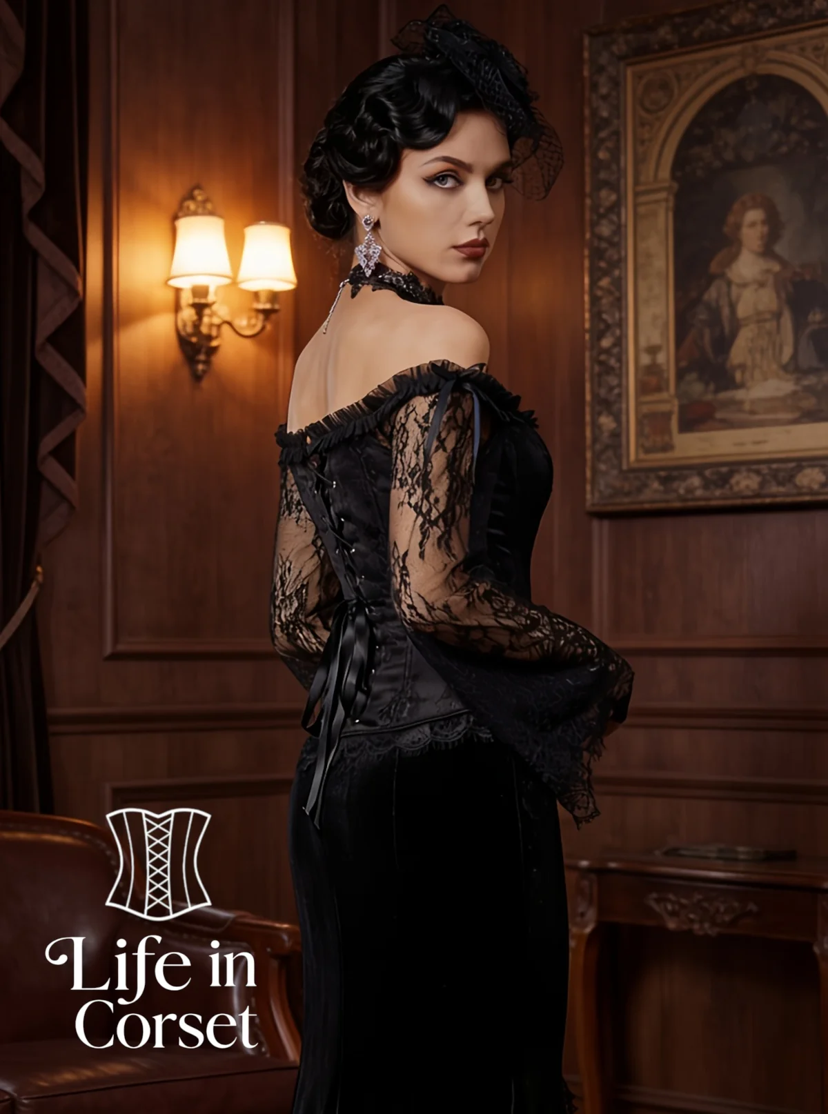 Corset noir gothique et manches en dentelle Nyssa (profil) Corset noir gothique et manches en dentelle Nyssa (profil)