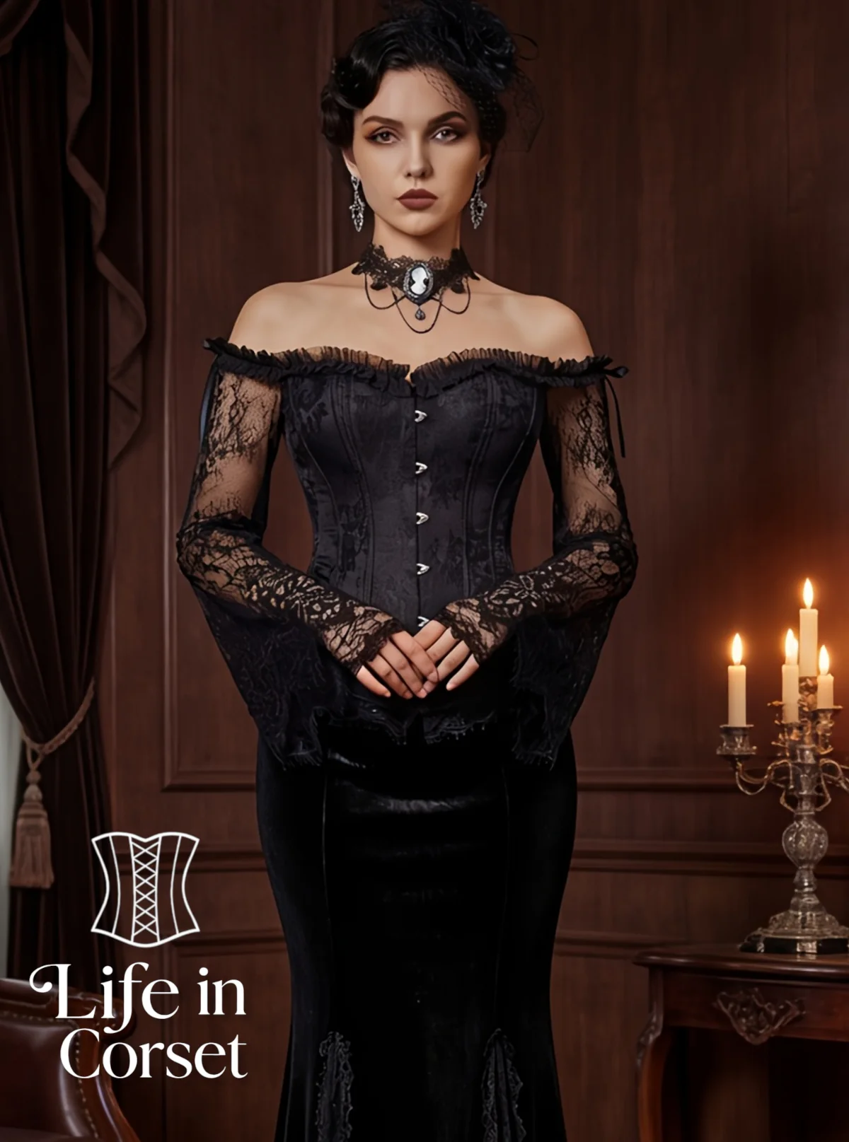 Corset noir gothique et manches en dentelle Nyssa