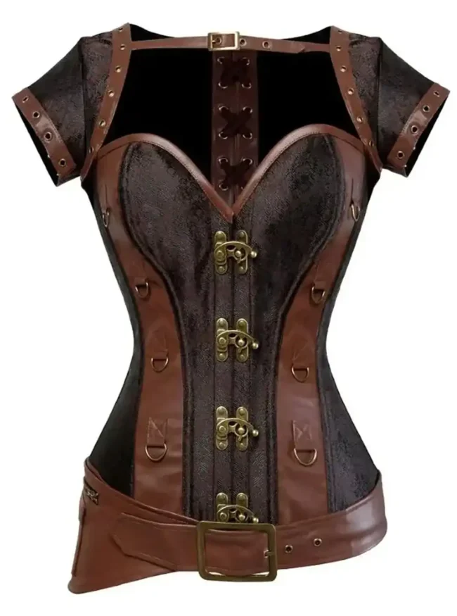 Corset guerrière médiévale cuir et laiton Althea (face)