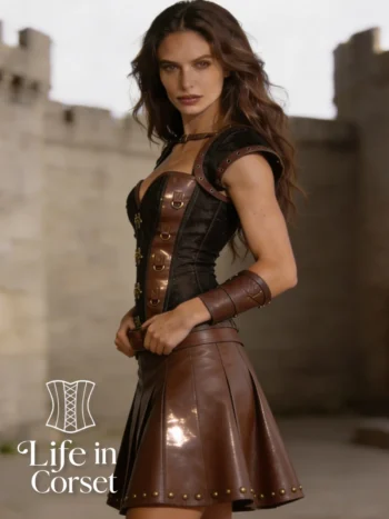 Corset guerrière médiévale cuir et laiton Althea (vue de profil)