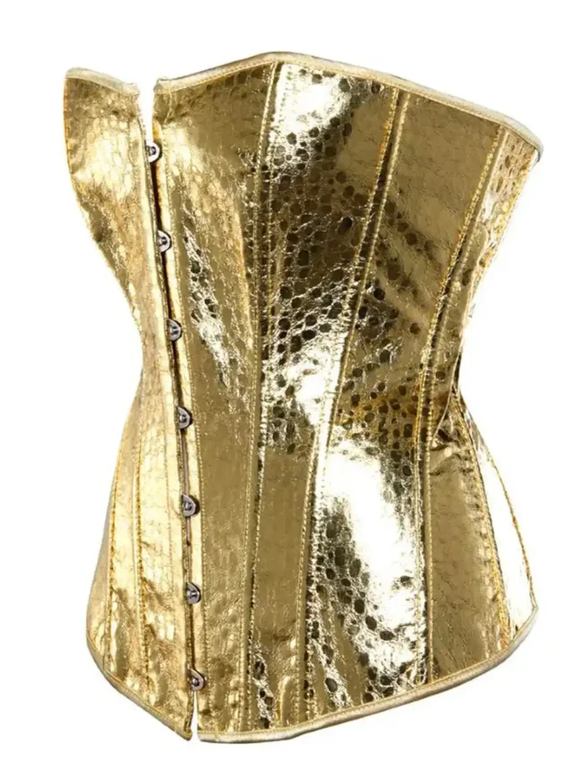 Corset or doré et motifs léopard vue profil fond blanc Corset or doré et motifs léopard vue profil fond blanc