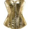 Corset or doré et motifs léopard vue de face fond blanc Corset or doré et motifs léopard vue de face fond blanc