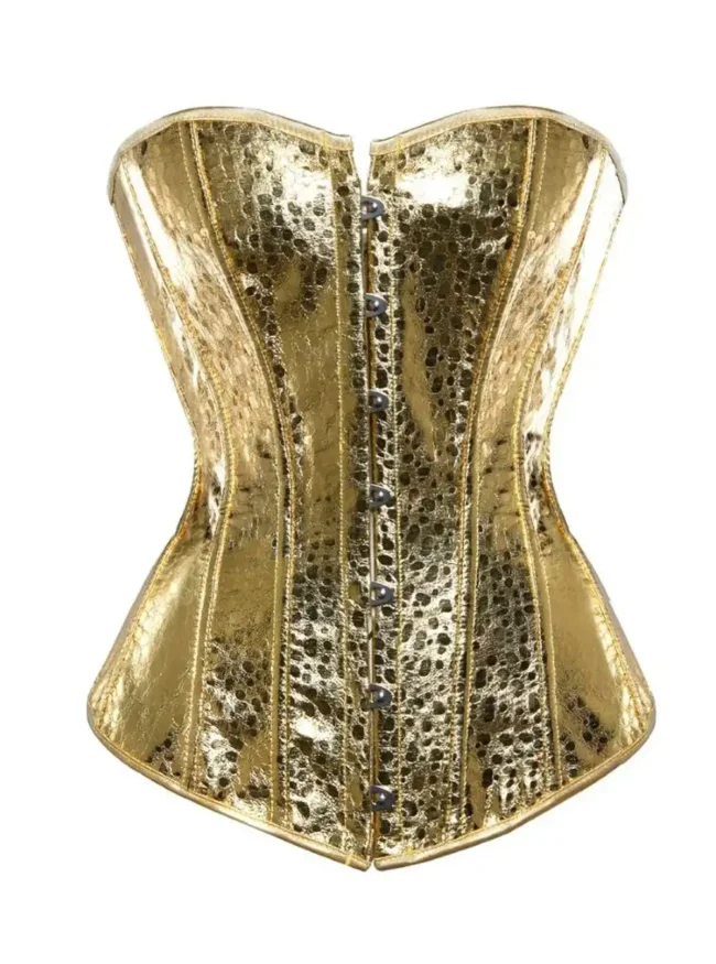 Corset or doré et motifs léopard vue de face fond blanc Corset or doré et motifs léopard vue de face fond blanc
