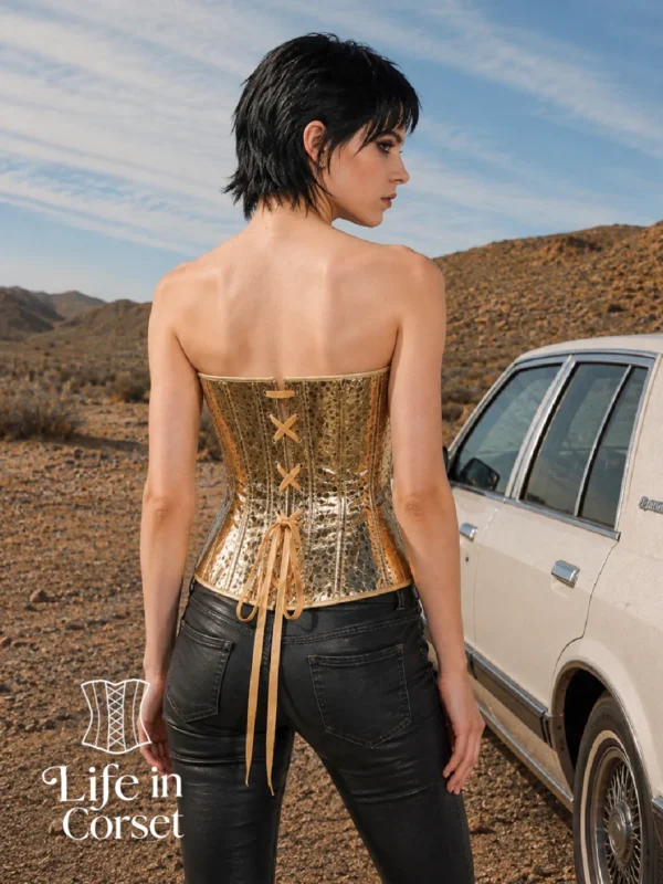 Corset or doré et motifs léopard Solyne (vue de dos) Corset or doré et motifs léopard Solyne