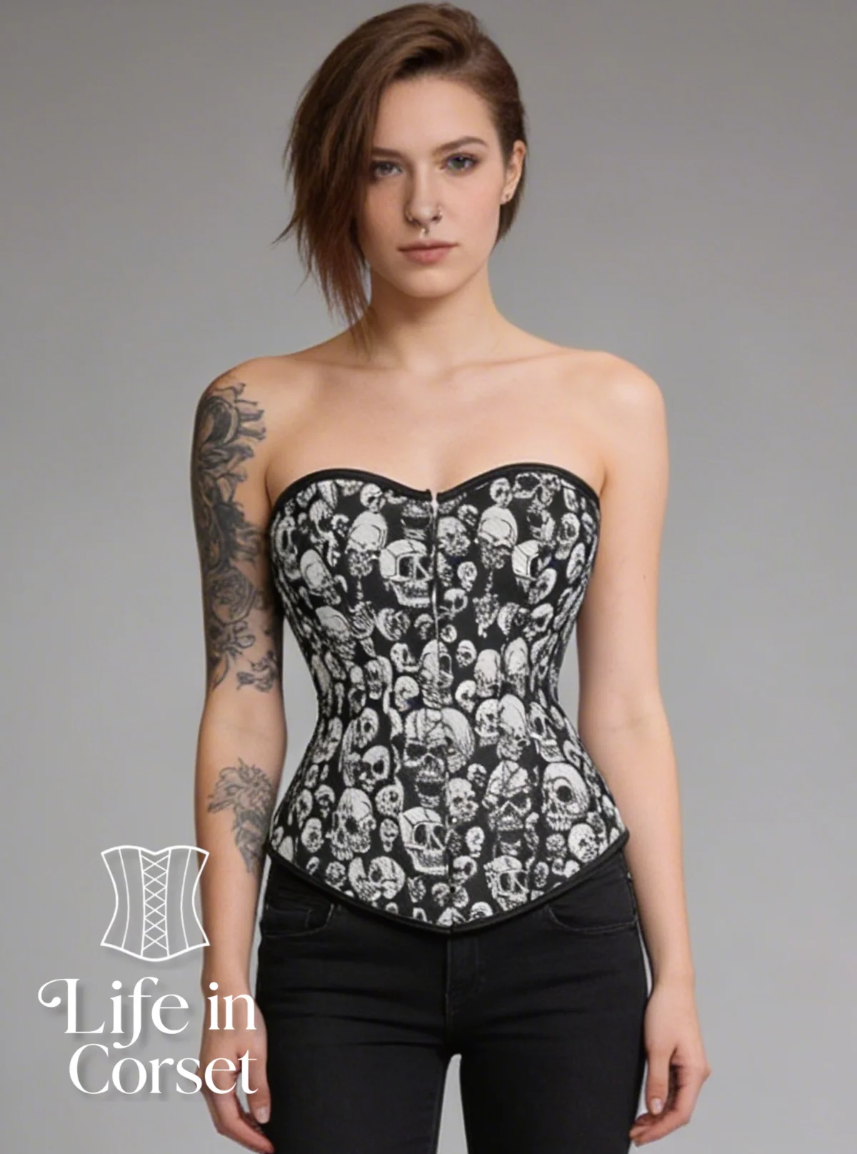 Corset punk gothique à têtes de mort Skull Queen (face)
