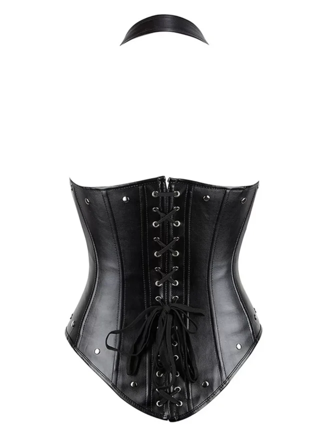Corset sous poitrine en cuir noir grande taille Ivana (vue réelle de dos)