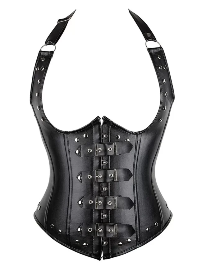 Corset sous poitrine en cuir noir grande taille Ivana (vue réelle, face)