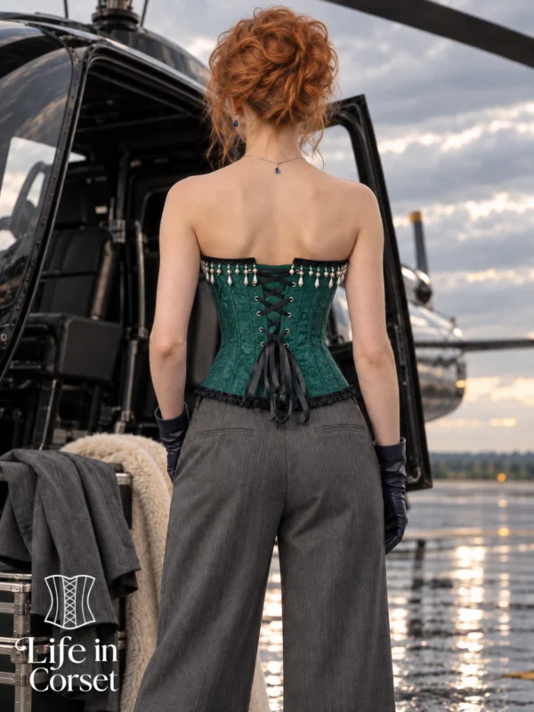 Corset vert bijou avec perles Aurelia (vue de dos) Corset vert bijou avec perles Aurelia