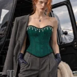 Corset vert bijou avec perles Aurelia (vue de face) Corset vert bijou avec perles Aurelia