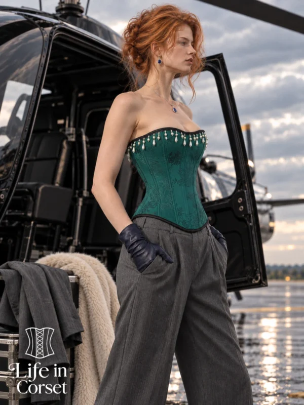 Corset vert bijou avec perles Aurelia (vue de profil) Corset vert bijou avec perles Aurelia