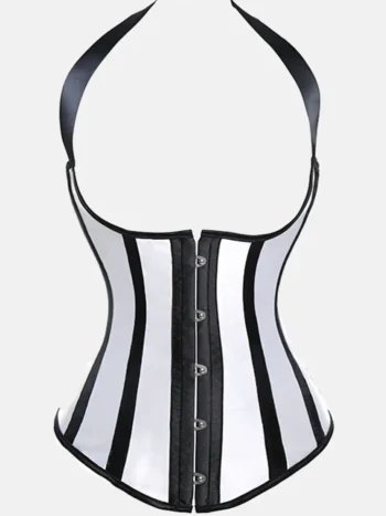 Détail du corset rayé noir et blanc Freya – fermeture avant à busc métallique