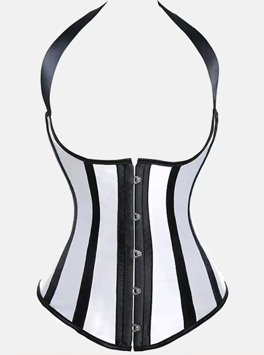 Détail du corset rayé noir et blanc Freya – fermeture avant à busc métallique Détail du corset rayé noir et blanc Freya – fermeture avant à busc métallique