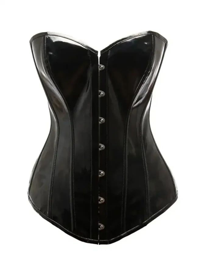 corset en vinyle noir nyxia (détail face avant) corset en vinyle noir nyxia (détail face avant)