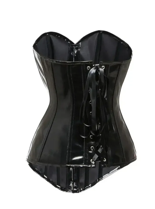 corset en vinyle noir nyxia (détail vue de dos) corset en vinyle noir nyxia (détail vue de dos)