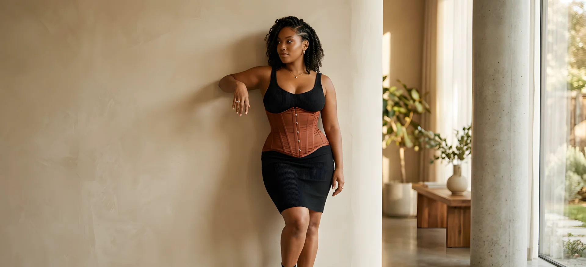 Femme à la peau caramel appuyée contre un mur et qui porte un serre-taille marron Femme à la peau caramel appuyée contre un mur et qui porte un serre-taille marron
