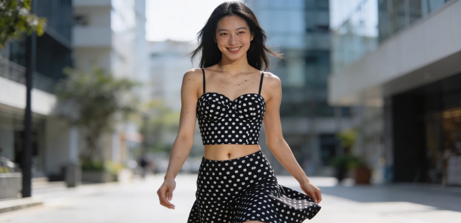 femme asiatique qui marche dans la rue habillée d'une tenue à pois femme asiatique qui marche dans la rue habillée d'une tenue à pois