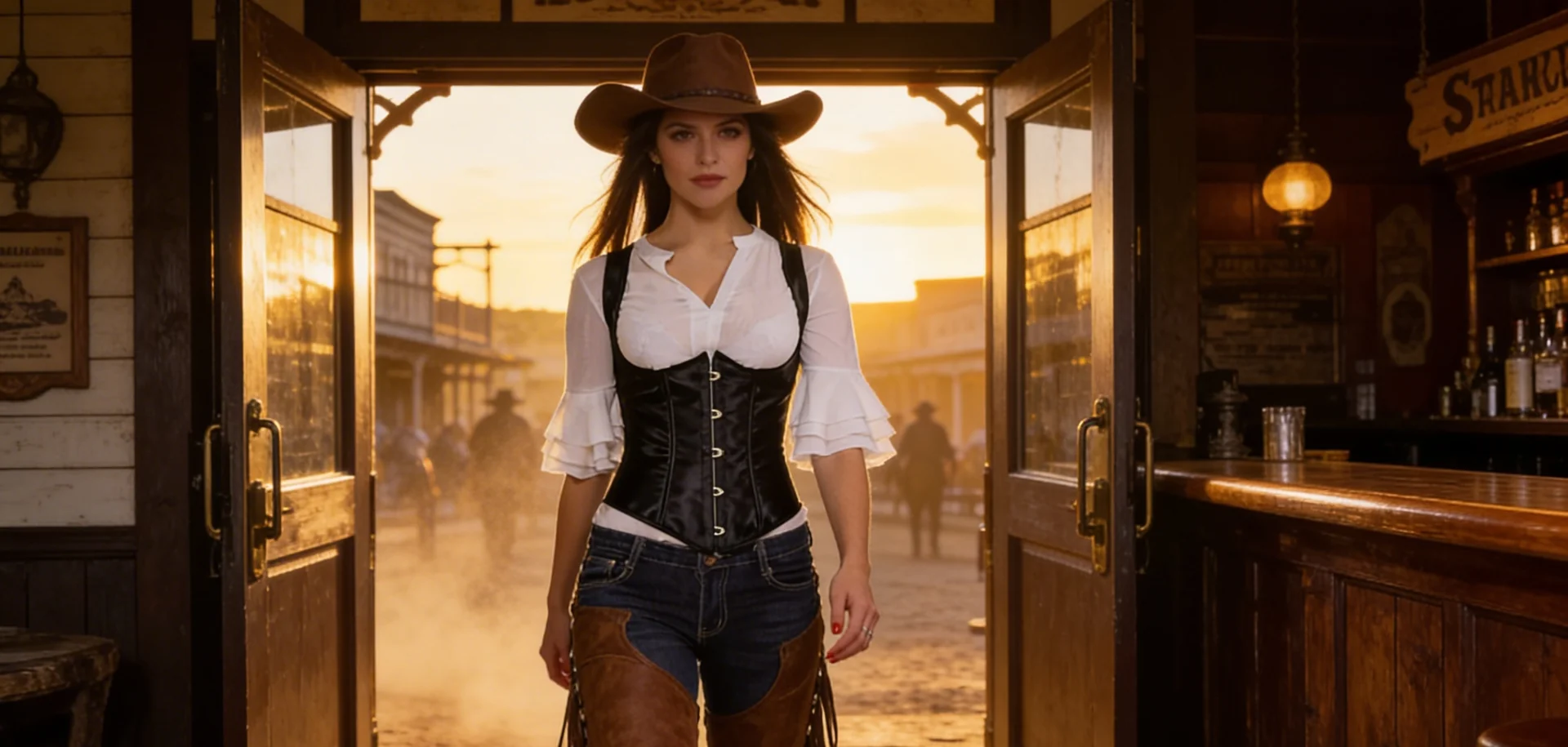 femme au look cow boy qui entre dans un saloon