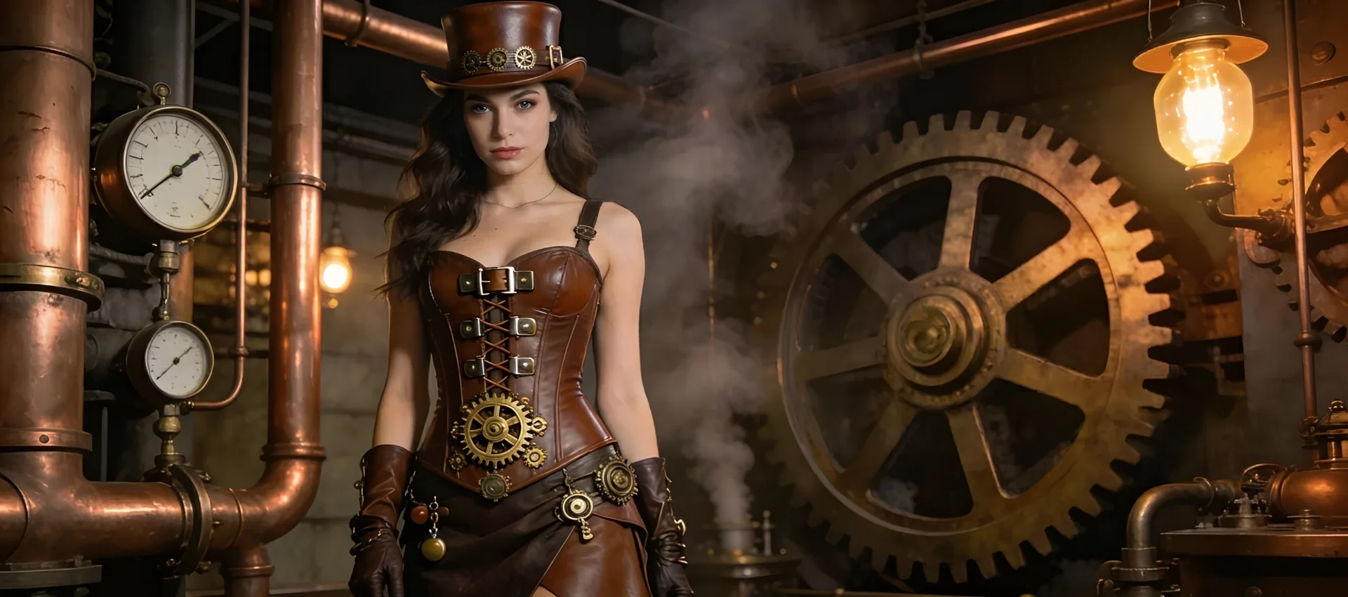 femme en costume steampunk évoluant dans un décor steampunk femme en costume steampunk évoluant dans un décor steampunk