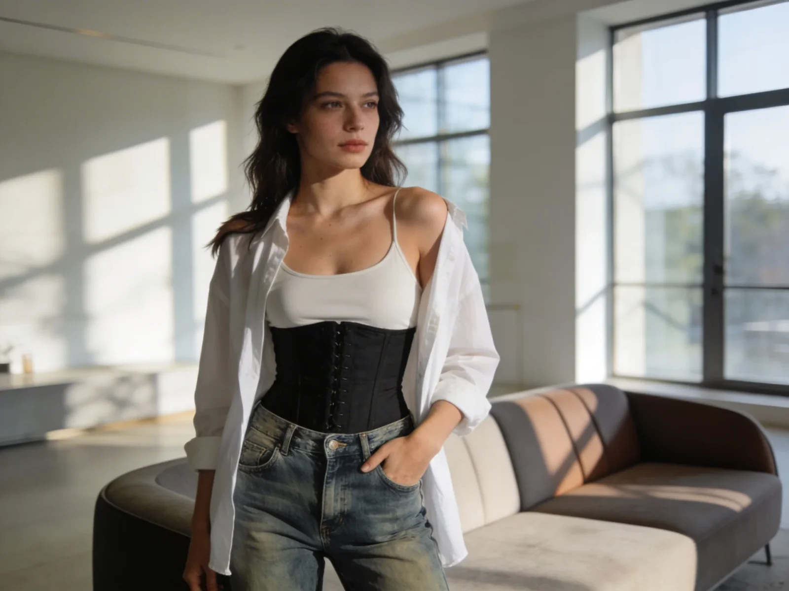 femme portant un corset noir, jeans bleu et chemise blanche