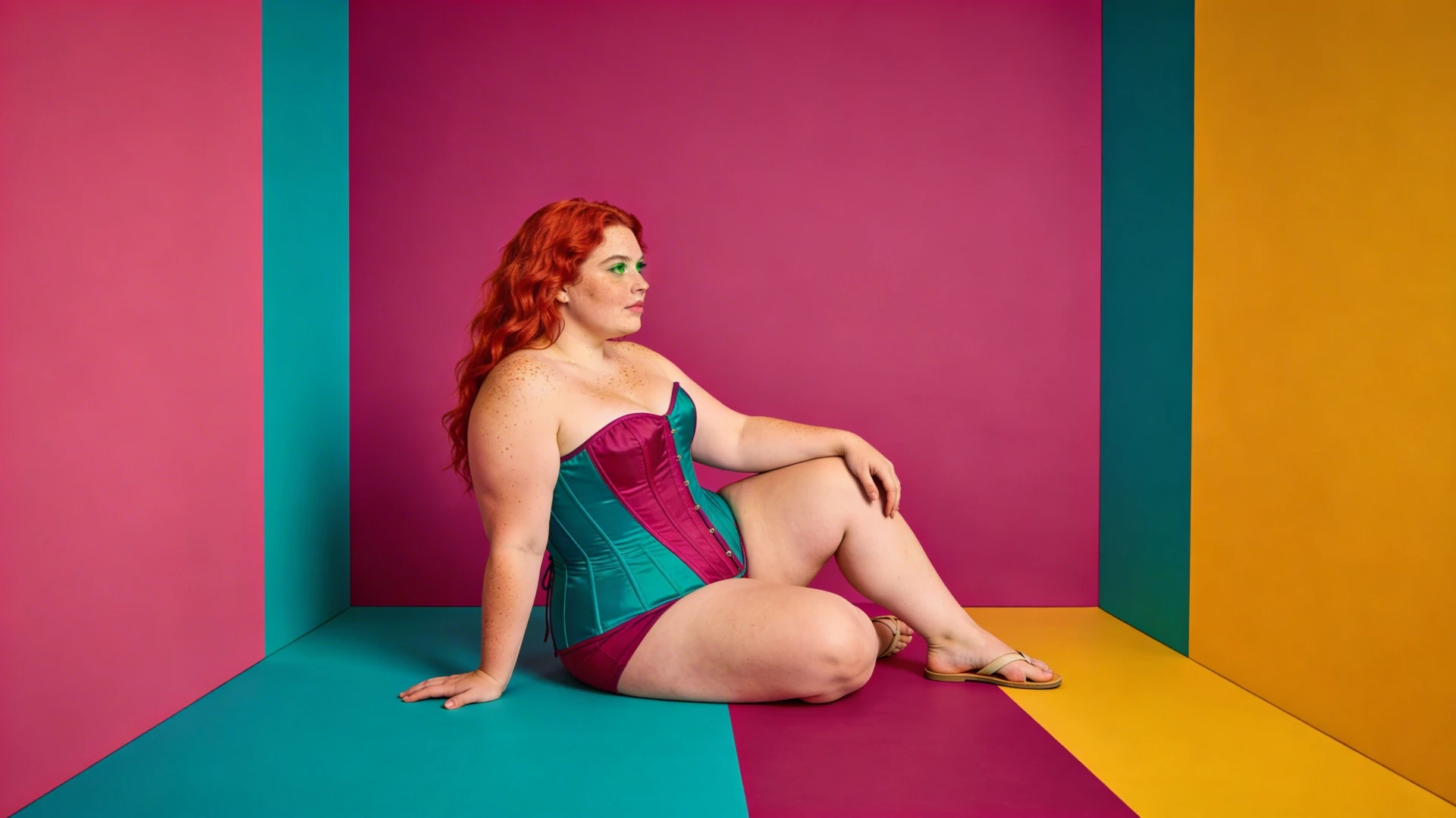 femme ronde rousse en corset dans un décor multicolore femme ronde rousse en corset dans un décor multicolore