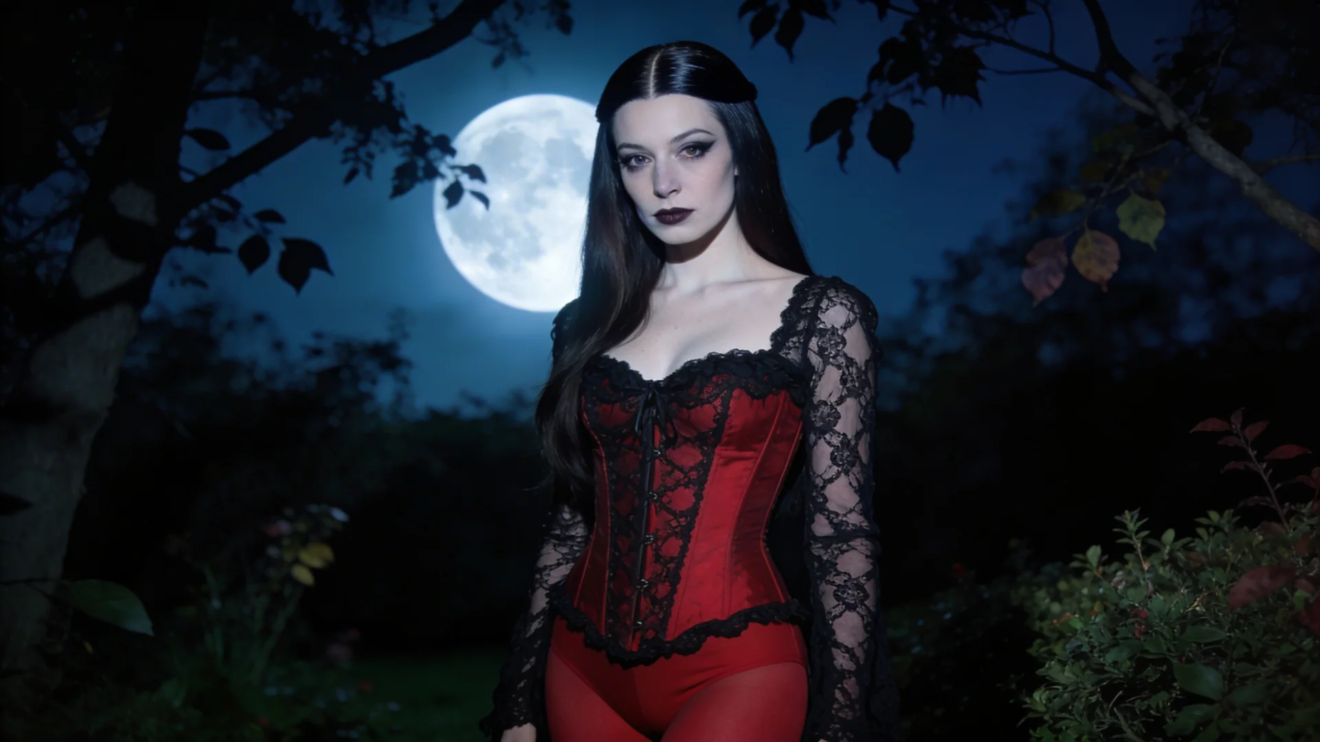 femme brune gothique dehors à la pleine lune portant un corset rouge