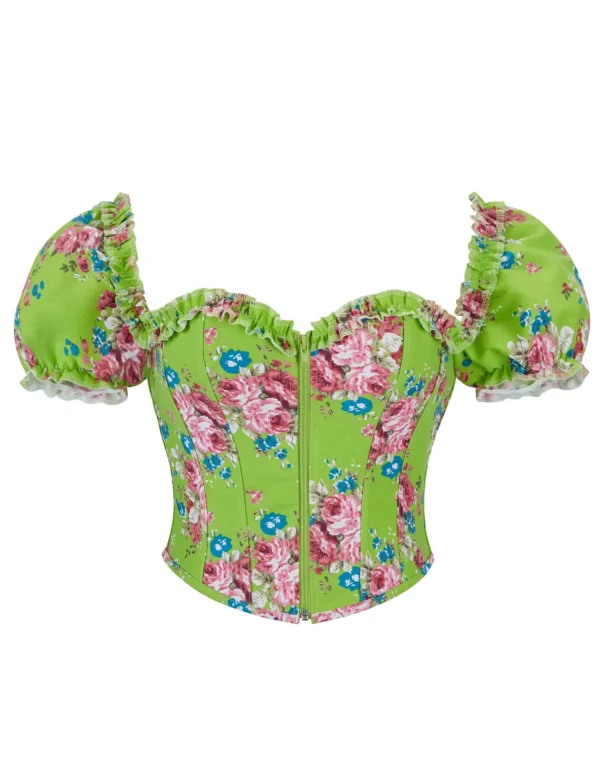 Bustier vert fleuri à manches bouffantes (2) Bustier vert fleuri à manches bouffantes