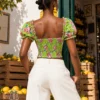 Bustier vert fleuri à manches bouffantes (vue de dos) Bustier vert fleuri à manches bouffantes