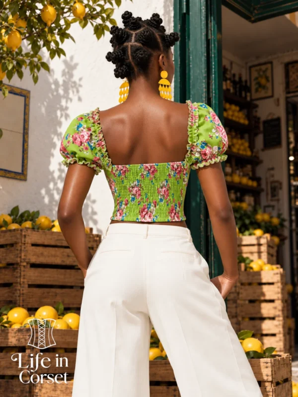 Bustier vert fleuri à manches bouffantes (vue de dos) Bustier vert fleuri à manches bouffantes