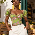 Bustier vert fleuri à manches bouffantes
