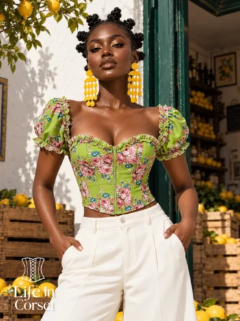 Bustier vert fleuri à manches bouffantes