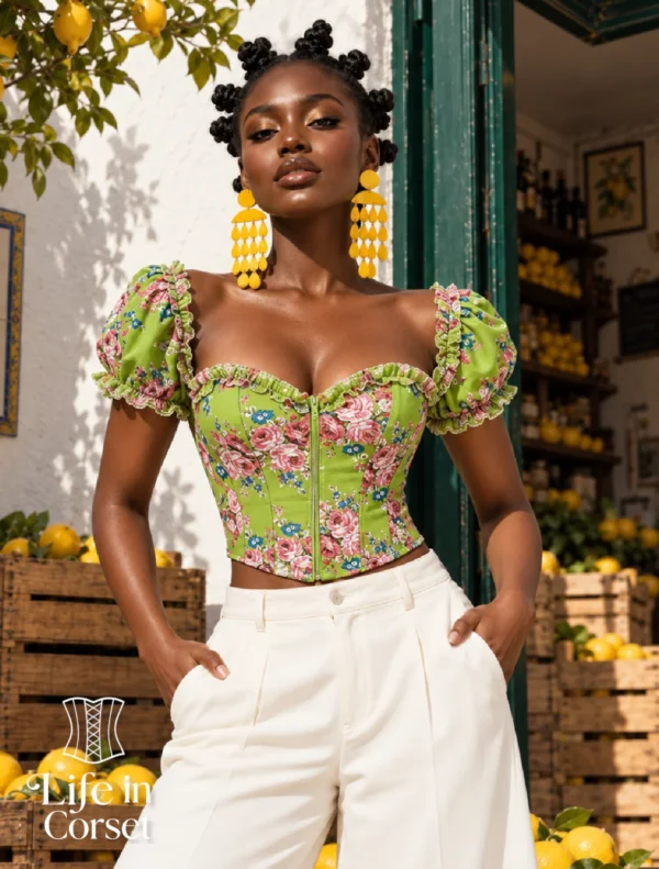 Bustier vert fleuri à manches bouffantes (vue de face) Bustier vert fleuri à manches bouffantes
