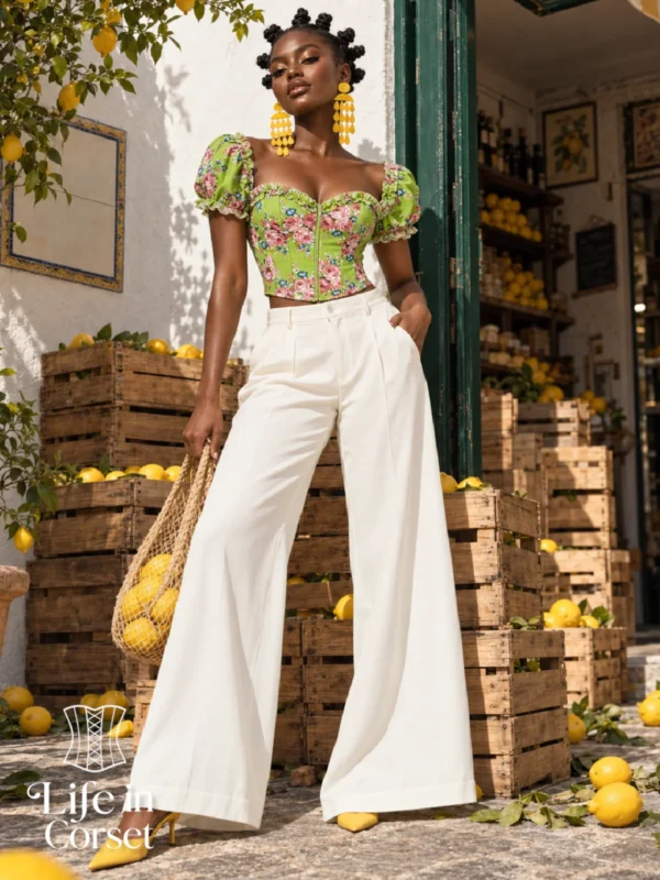 Bustier vert fleuri à manches bouffantes (vue plain pied) Bustier vert fleuri à manches bouffantes