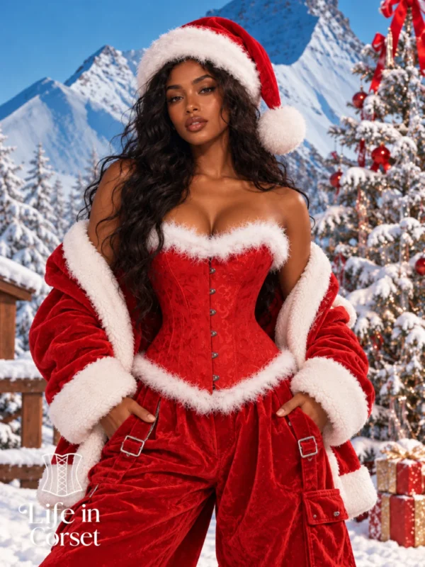 Corset Mère Noël rouge à fourrure blanche 2 Corset Mère Noël rouge à fourrure blanche
