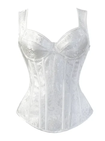 Corset blanc à bretelles et motifs floraux satinés