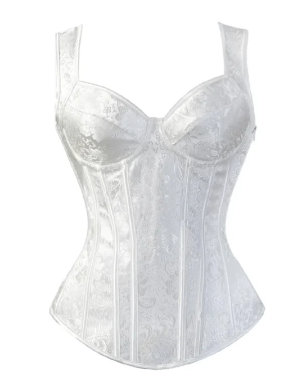 Corset blanc à bretelles et motifs floraux satinés (1) Corset blanc à bretelles et motifs floraux satinés
