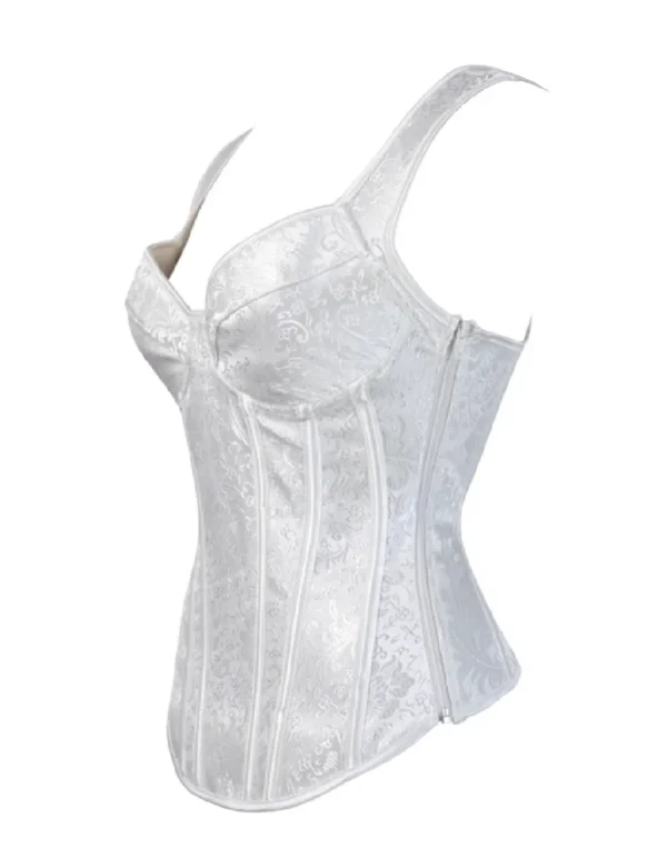Corset blanc à bretelles et motifs floraux satinés (2) Corset blanc à bretelles et motifs floraux satinés