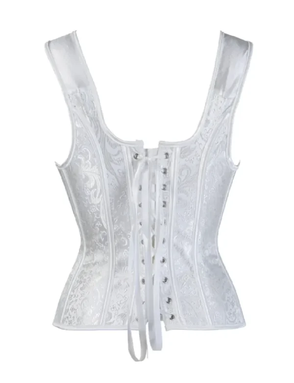 Corset blanc à bretelles et motifs floraux satinés (3) Corset blanc à bretelles et motifs floraux satinés