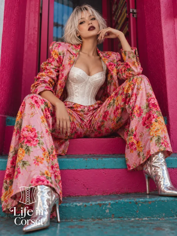 Corset blanc à bretelles et motifs floraux satinés
