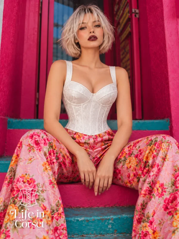 Corset blanc à bretelles et motifs floraux satinés