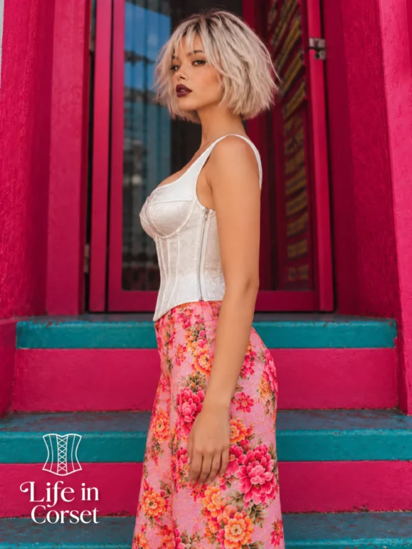 Corset blanc à bretelles et motifs floraux satinés