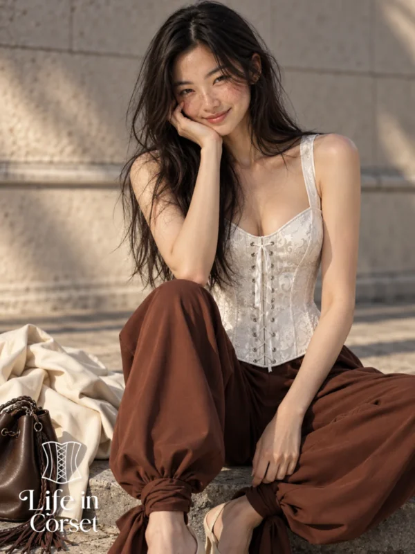 Corset blanc baroque à bretelles et laçage satiné