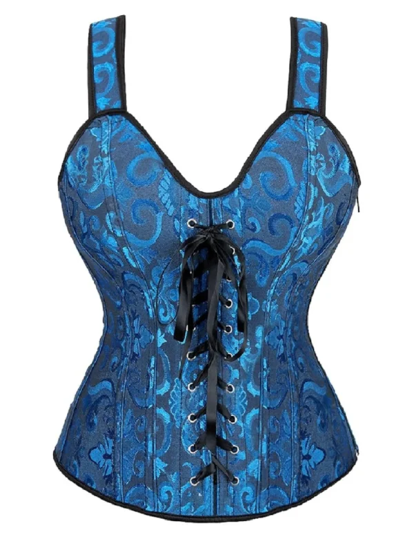 Corset bleu confortable à bretelles et lacets noirs (1) Corset bleu confortable à bretelles et lacets noirs