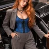 Corset bleu confortable à bretelles et lacets noirs (vue de profil) Corset bleu confortable à bretelles et lacets noirs