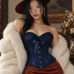 Corset bleu nuit élégant en jacquard fleuri