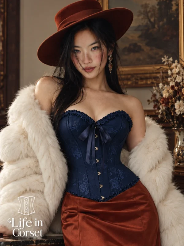 Corset bleu nuit élégant en jacquard fleuri